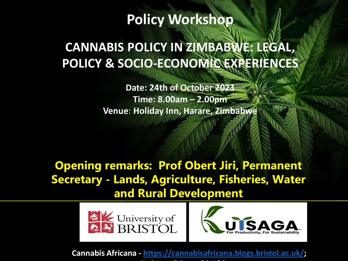 4 days to go before our #CannabisPolicyWorkshop in #Harare, #Zimbabwe. See attached flyer for this important workshop. Attendance limited to invited guests due to venue capacity.
<a href="/KutsagaResearch/">Kutsaga Research</a> <a href="/KumbiraiMateva/">Kumbirai Ivyne Mateva, Ph.D</a> @NeilCMCarrier <a href="/CannabisAfrican/">Cannabis Africana Project</a> @gklantschnig <a href="/bernice_apondi/">East Africa Drug Policy Hub</a>