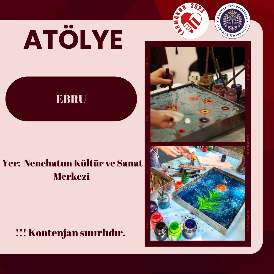 Farmakon2023's tweet photo. Atatürk Üniversitesi Nene Hatun Kültür ve Sanat Merkezinde gerçekleştirilecek olan Ebru Atölyesi Anadolu'nun Zirvesi #Farmakon2023'te 🥳 

(Atölyemizde kontenjanlarımız sınırlıdır 🙏🏻) 

#HiçBitmesinİstenenSerüven
#Farmakon2023 https://t.co/DFr1TmIW7A