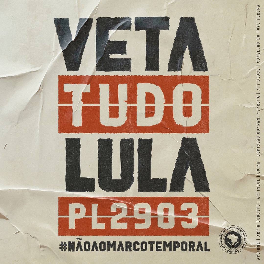 O presidente @lulaOficial tem até o dia de hoje (20 de outubro). para sancionar ou vetar o projeto. O movimento  indígena e sociedade civil pedem que o presidente vete totalmente o projeto #Pl2903
