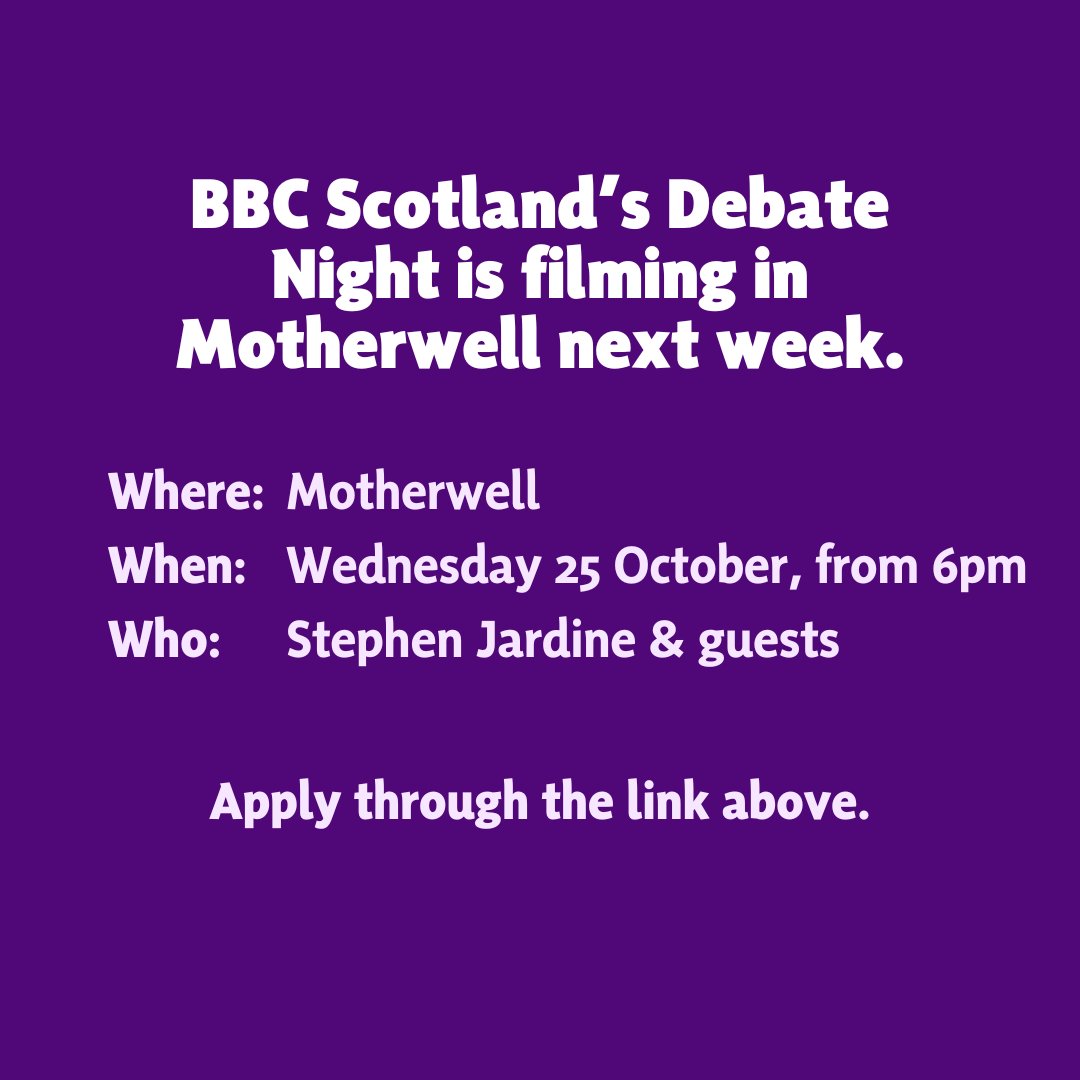 ClareAdamsonSNP's tweet image. 📢 BBC Scotland’s political TV programme Debate Night is filming in Motherwell next week.

To apply to take part in the audience, visit bbc.co.uk/debatenight and click ‘Apply to the Audience’.

@bbcdebatenight
#bbcdn