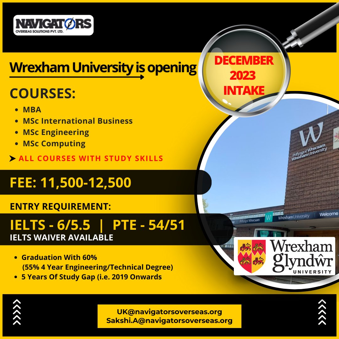 Exciting news, future leaders! 🎓✨ #WrexhamUniversity is all set to open its doors for the December 2023 intake. 
To know more
Contact @NavigatorsOverseas:
📍 SCO 437-438, Top Floor, Sector 35C, Chandigarh.
📞 +91 98090 90908
✉️ navigators@ymail.com

#WrexhamUni #DecemberIntake