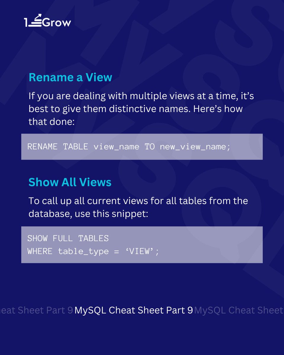 1stepGrow's tweet image. 📊 Master MySQL Views with Ease! 💡
Explore our MySQL Cheat Sheet:
👁 Create
🔄 Update
🏷 Rename
📋 List
🗑 Delete Views
Simplify your database game & boost SQL skills. Follow @1stepGrow for more! 💪
#DatabaseMastery #SQLViews #TechLearning #1stepGrowGuides