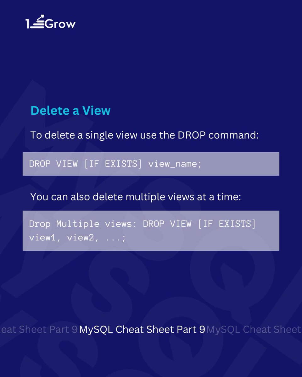 1stepGrow's tweet image. 📊 Master MySQL Views with Ease! 💡
Explore our MySQL Cheat Sheet:
👁 Create
🔄 Update
🏷 Rename
📋 List
🗑 Delete Views
Simplify your database game & boost SQL skills. Follow @1stepGrow for more! 💪
#DatabaseMastery #SQLViews #TechLearning #1stepGrowGuides