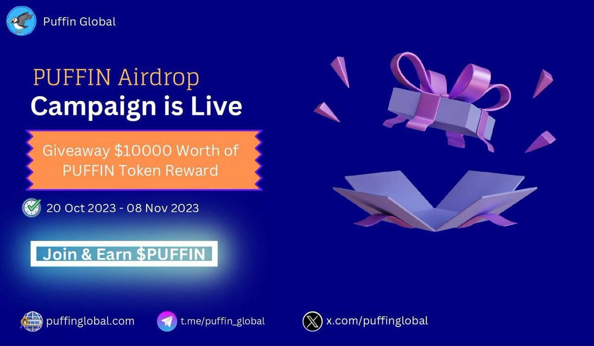 New #airdrop: PuffinGlobal (Random 1000)
Reward: 160 Puffin (~$6.5) 
News: Web3, Metaverse
Distribution date: November 15th

🔗Airdrop Link: t.me/PuffinGlobalAi…

Also the top 200 referrals will each get more Puffin tokens