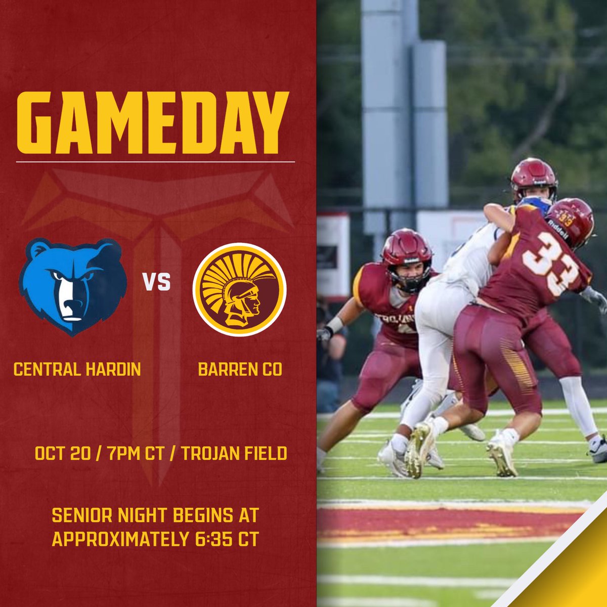 🏈GAME DAY🏈
🆚 Central Hardin
💥Senior Night💥
📆 Friday, October 20 
🕰️ 7:00 pm
📍Trojan Field
📻 Nash 103.7 
📺 youtube.com/BCHSLive