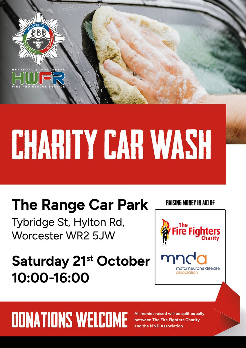 HWFire's tweet photo. We will be raising money for @firefighters999 &amp; @mndassoc at car washes tomorrow.

Head along to the Tybridge Street/Hylton Road retail car park, Worcester, or @HWFireHereford from 10am-4pm to get your motor cleaned! #fundraising #charityevent #carwash #cleanyourcar

👇 https://t.co/uFgsovb7AG