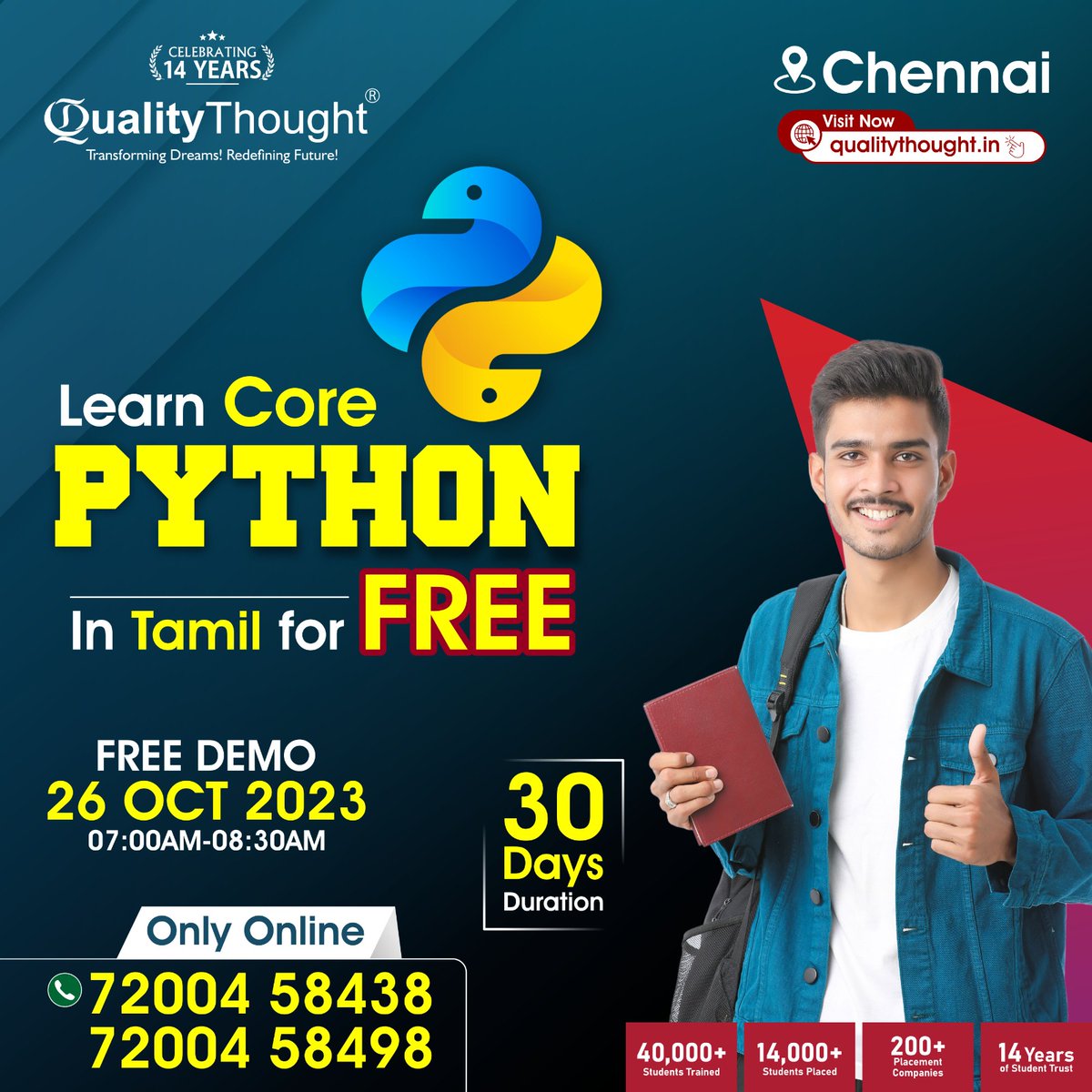 QTTWorld's tweet photo. Learn Core Python in Tamil for FREE ! Join our FREE Demo on 26th Oct 2023
Contact - 7220458438/ 7200458498

#qtt #qualitythought #trendingcourses #ittechnology #software #jobs #manualtesting #uidevelopment #corepython #corejava #crt https://t.co/durW7VYPpp