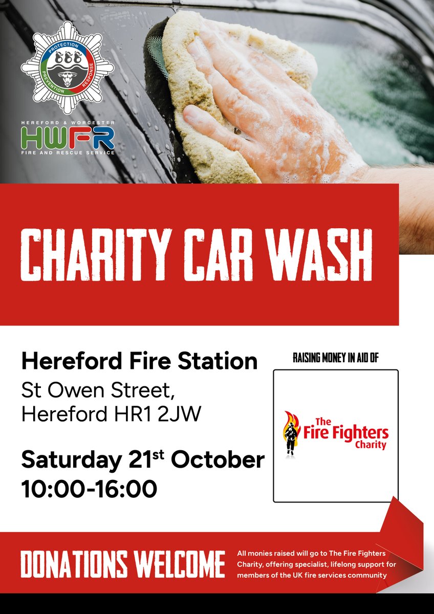 Hereford & Worcester Fire and Rescue Service (@hwfire) on Twitter photo We will be raising money for <a href="/firefighters999/">Fire Fighters Charity</a> & <a href="/mndassoc/">MND Association</a> at car washes tomorrow.
Head along to the Tybridge Street/Hylton Road retail car park, Worcester, or @HWFireHereford from 10am-4pm to get your motor cleaned! #fundraising #charityevent #carwash #cleanyourcar
👇 We will be raising money for <a href="/firefighters999/">Fire Fighters Charity</a> & <a href="/mndassoc/">MND Association</a> at car washes tomorrow.
Head along to the Tybridge Street/Hylton Road retail car park, Worcester, or @HWFireHereford from 10am-4pm to get your motor cleaned! #fundraising #charityevent #carwash #cleanyourcar
👇