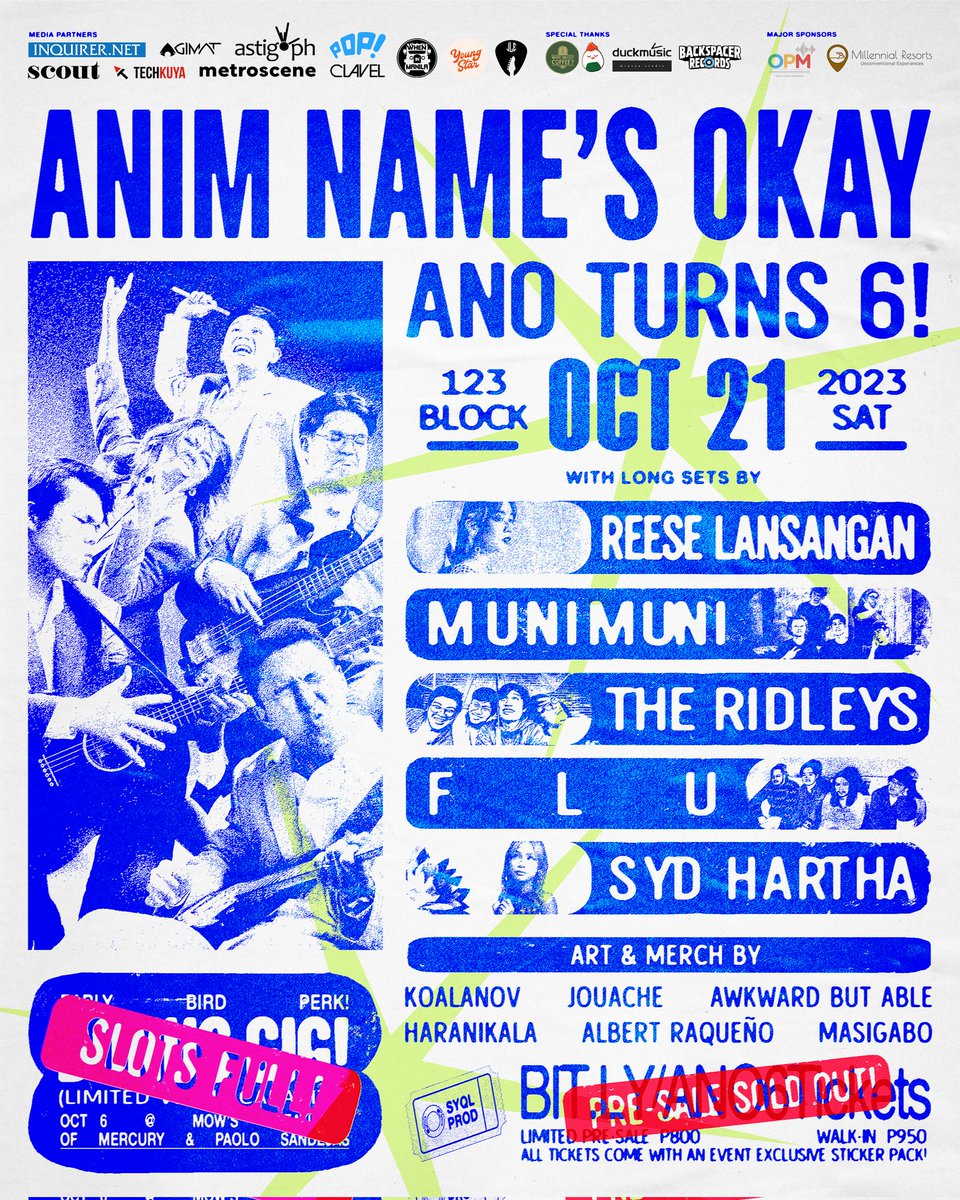 AnyNamesOkay's tweet photo. 🔵 #AnimNamesOkay – ANO TURNS 6! 🔵
 
🚨PRE-SALE TIX ARE SOLD OUT 
OCT 21, SAT @ 123 BLOCK 

🎙️ PERFORMANCES BY
@anynamesokay
@reeseypeasy
@munitheband
@theridleysmusic
@followflu
@sydhartha

🖼️ ART BY 
@koalanov
@jouache
@awkwardbutable
@haranikala
@albertraqueno
@masigabo https://t.co/ek4yCnHMUh