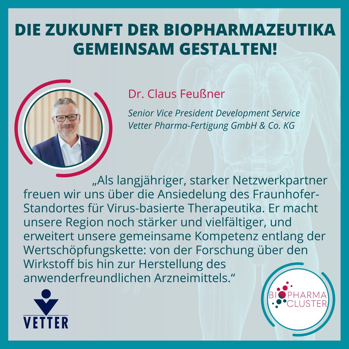 BioPharmaCL_GER's tweet photo. Starke Region – starke Unternehmen – starke Zukunft 🚀
Dr. Claus Feußner (Senior Vice President Development Service) zu Entwicklung und Rolle von Vetter bei der gemeinsamen Gestaltung der Zukunft von #Biopharmazeutika im @BiopharmaCl_GER
#Biotech #Biopharmaceuticals #BPCluster 👇 https://t.co/XksqwkoVde