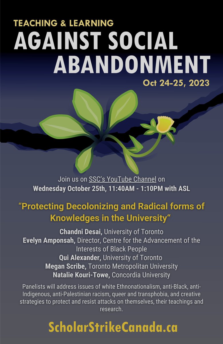 Join us on SSC’s YouTube Channel on
Wednesday October 25th, 11:40AM - 1:10PM EST for...

“Protecting Decolonizing and Radical forms of Knowledges in the University“

Chandni Desai (<a href="/4cdesai/">Chandni Desai</a> ), Evelyn Amponsah (<a href="/TOHousing/">Toronto Community Housing</a>), Qui Alexander (@Qui_Dorian), Megan Scribe