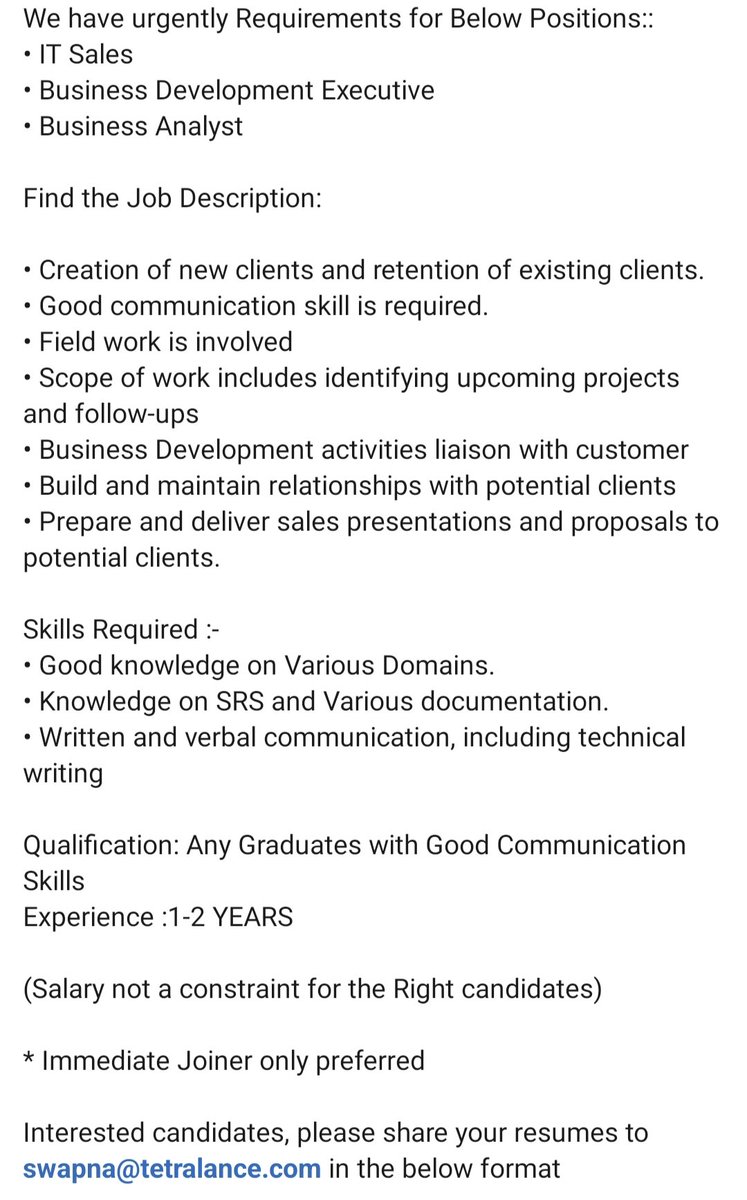 lucknowjob's tweet photo. Send your resume on given email id 🔥🎯
.
.
.
.
#ljs #lucknowjobseekers #lucknowjob
#lucknow #job #jobs #jobsearch #hiring #employment #recruitment #jobseekers #career #jobvacancy #jobopening #vacancy #recruiting #work #jobseeker #jobhunt #jobopportunity #careers #resume https://t.co/SaKDbNs48j