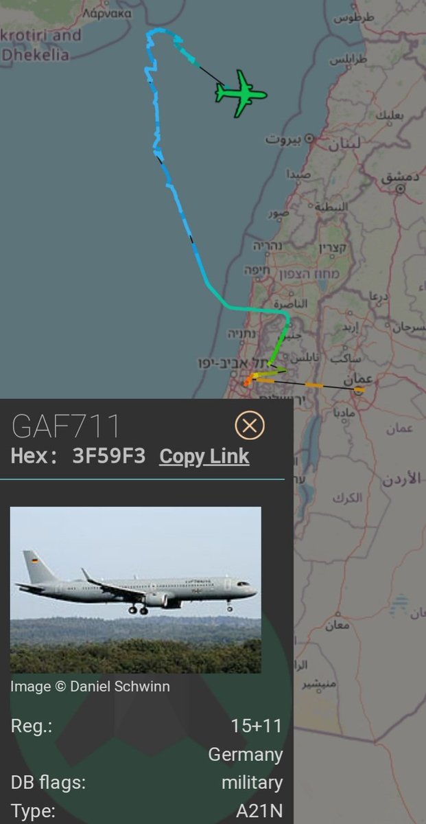 LebanonJets's tweet photo. Military: #GermanAirForce #Luftwaffe A321Neo hex #3F59F3 #GAF711 arrived from #TelAviv #Israel DIRECT to #Beirut #Lebanon with Foreign Minister Annalena Baerbock onboard for 4 hours & expected out to #Berlin #Germany jet invisible on FR24 but seen on @RadarBoxCom & @ADSBex https://t.co/A9Ip9L69sg