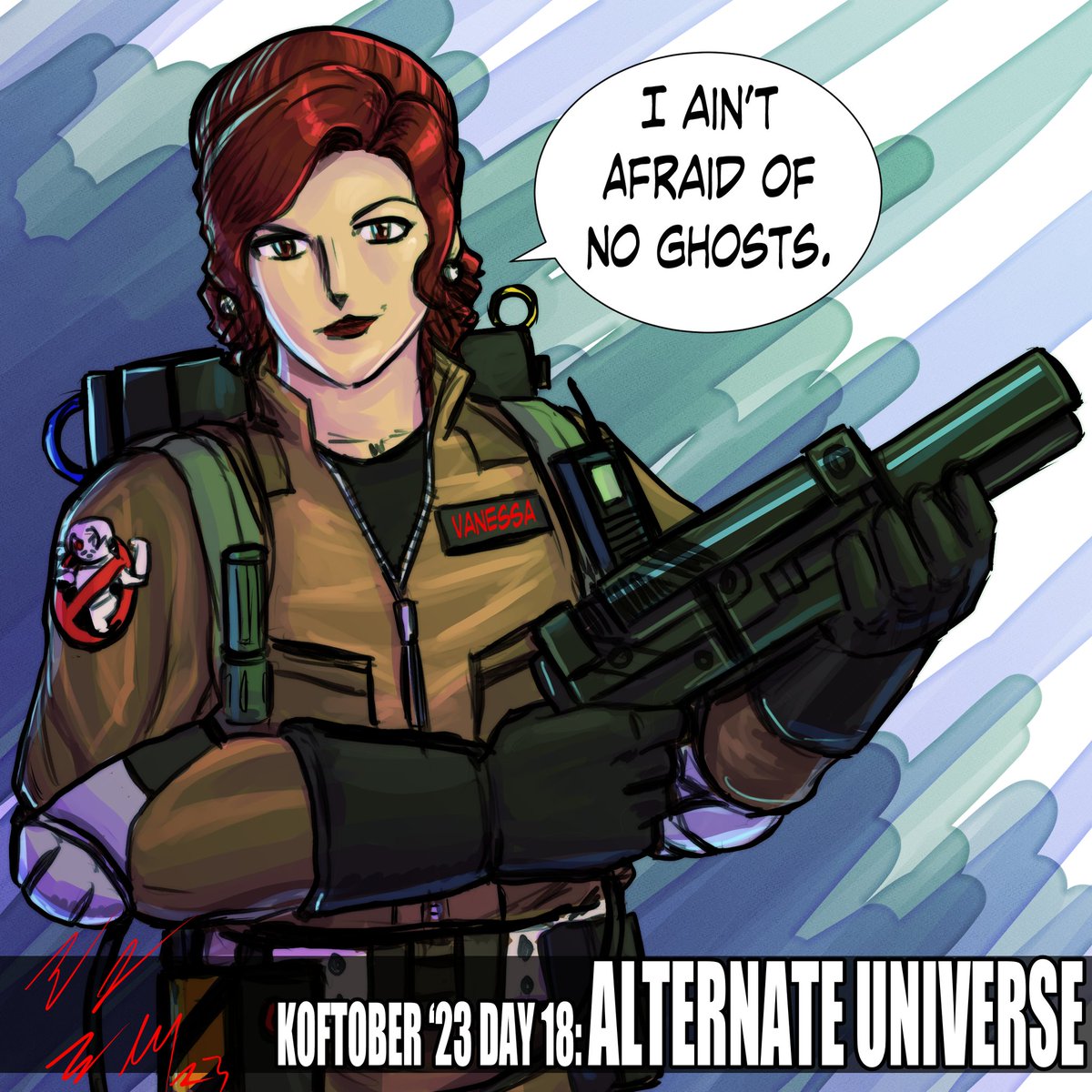 KOFTOBER '23 DAY18:
Alternate Universe.
Life is still Lifing, but I'm still going. Vanessa, as a ghostbuster, has been on my artlist for a while.
#KOFtober #vanessa #ghostbusters #kofxv #kof15 #fgc #fightinggames #fightinggamecommunity
