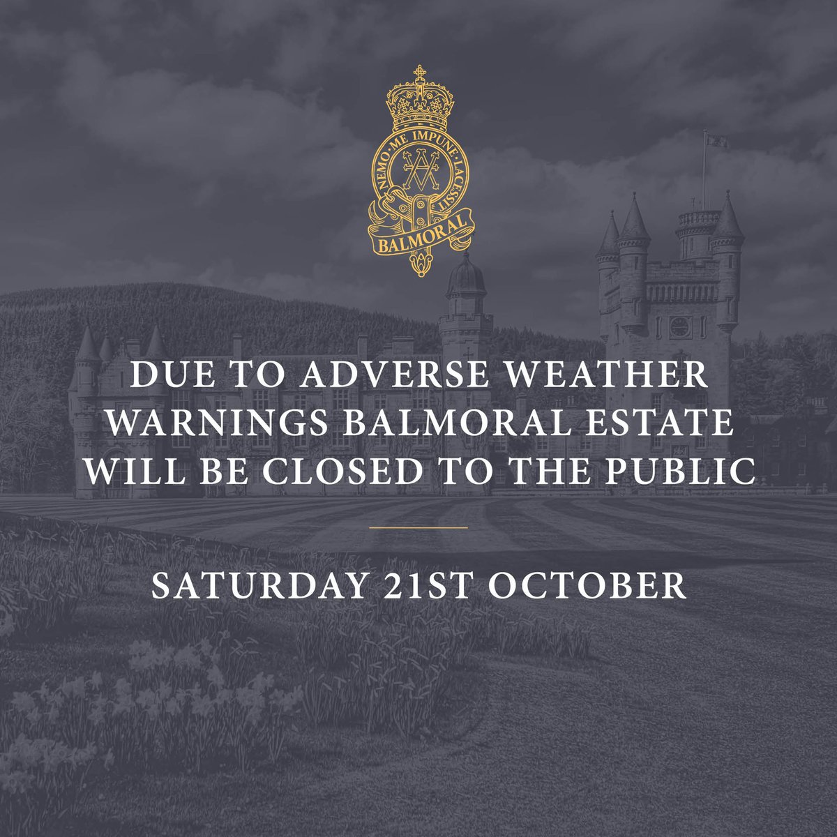 ⚠️ STORM BABET UPDATE ⚠️       Due to continuing adverse weather warnings, Balmoral Estate will remain closed to the public on Sat 21st Oct. The Met Office have confirmed a new red warning for rain across parts of Aberdeenshire for Saturday. #StormBabet #BalmoralEstate