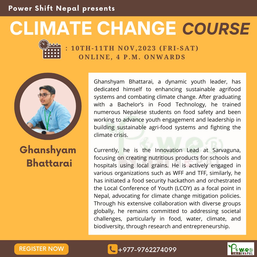 powershiftnp's tweet photo. Power Shift Nepal is starting it’s fourth ONLINE Climate Change Course on 10th and 11th November, 2023. Hurry up and join our course now!!

Scan the form or sign up in the link
https://t.co/hPbmv1Q8n9

Fee: Rs 500 

Deadline: 8th November, 2023

#climateeducation #powershiftnepal https://t.co/07e2BzsCcF