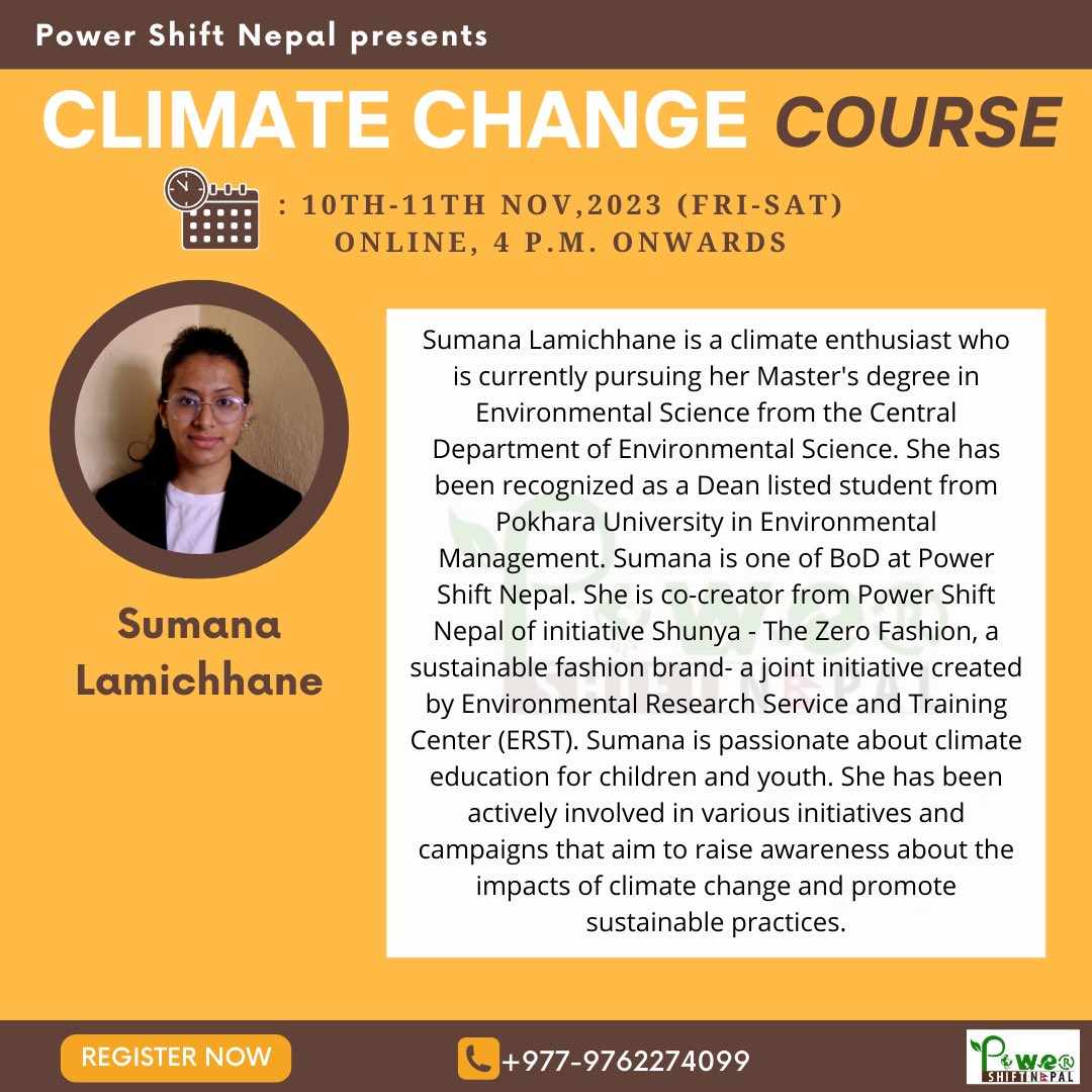 Power Shift Nepal is starting it’s fourth ONLINE Climate Change Course on 10th and 11th November, 2023. Hurry up and join our course now!!

Scan the form or sign up in the link
docs.google.com/forms/d/e/1FAI…

Fee: Rs 500 

Deadline: 8th November, 2023

#climateeducation #powershiftnepal