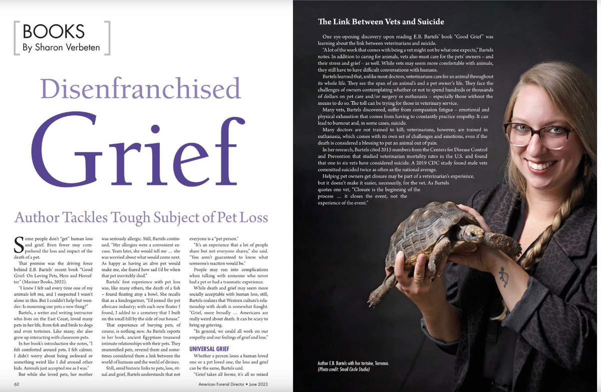 happy Friday! did you know your favorite book about pet death (#goodgriefpetsbook) was written up in the June 2023 issue of American Funeral Director magazine?! this is a dream come true for this Six Feet Under fan.