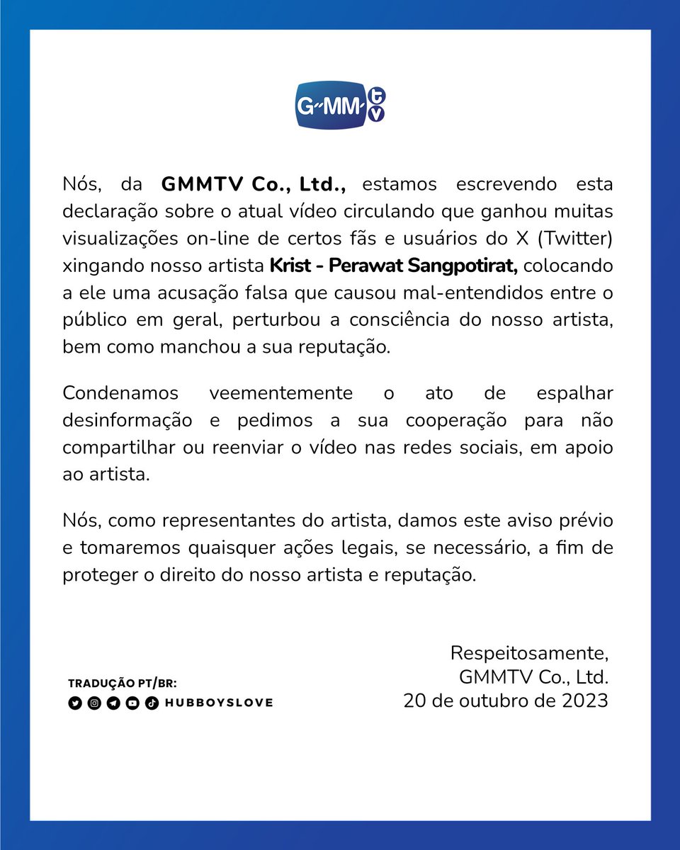 hubboyslove's tweet photo. GMMTV publica nota afirmando que tomará medidas legais, se necessário, contra brasileiras que difamaram Krist na sede da empresa.

No vídeo, Krist passava dando oi e sorrindo à elas, enquanto as mesmas diziam rindo em português: “Eu vim aqui pra ver o Krist? Krist homofóbico!” https://t.co/bkaBbb925Q
