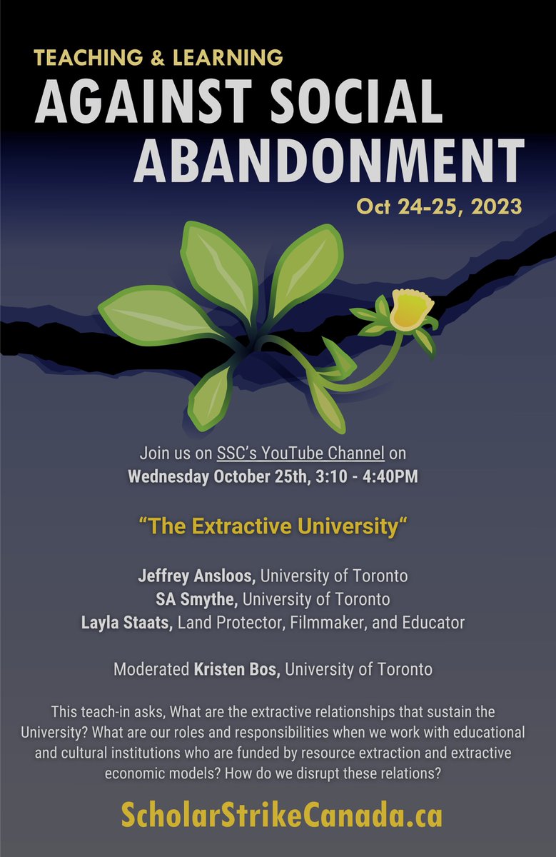 Join us on SSC’s YouTube Channel on
Wednesday October 25th, 3:10 - 4:40PM EST for...

"The Extractive University"

Jeffrey Ansloos (@jeffreyansloos), SA Smythe (<a href="/essaysmythe/">SA Smythe</a>), Layla Staats (<a href="/laylastaats/">Layla Staats Official</a>), and moderated by Kristen Bos (<a href="/TRU_UofT/">Technoscience Research Unit</a>) 🌱

This teach-in asks, What are
