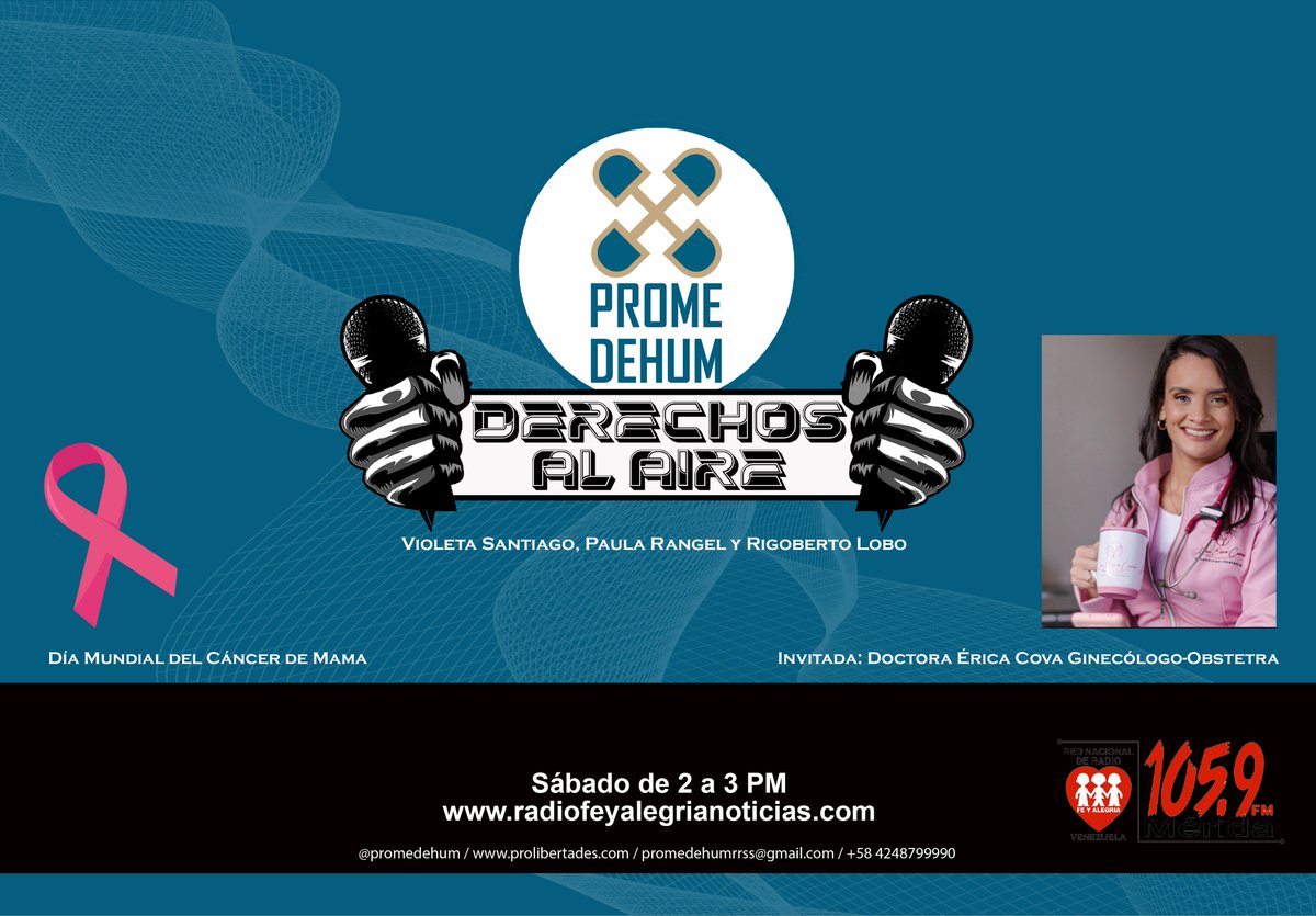 📻 #DerechosAiAire Escucha este sábado 21/10 a la Ginecólogo-Obstetra Érica Cova, hablando de la importancia de la visibilidad de la campaña de la lucha contra el Cáncer de mama.
Por <a href="/radiofeyalegria/">Radio Fe y Alegría Noticias</a> a las 2 PM y en otras galaxias por radiofeyalegrianoticias.com