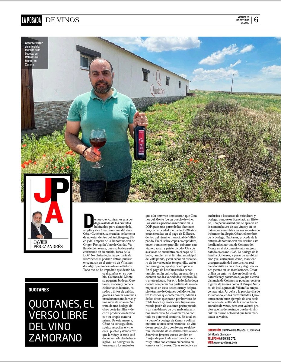 Quotanes en el artículo de hoy de la sección La Posada de vinos, del Diario de Catilla y León - El Mundo, por @javierperezandres. ¡Muchísimas gracias! 🍷
#bodegaquotanes #quotanes #vino #laposadadevinos #diariodecastillayleón #elmundo #prensa #zamora #elpicaporte #villalpando
