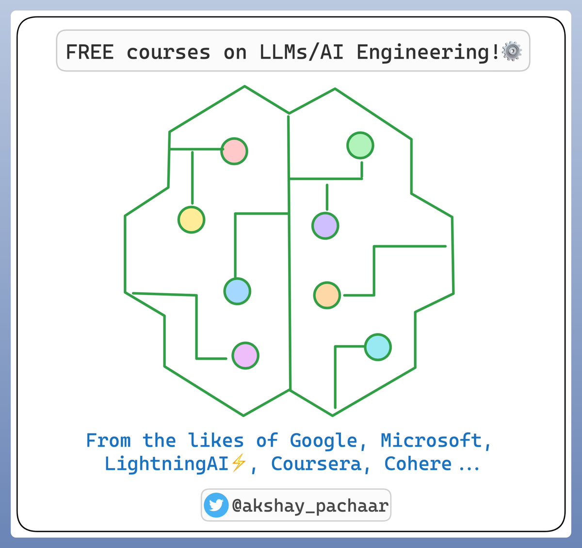 akshay_pachaar's tweet photo. AI Engineering is going to be a high leverage skill!

Let me introduce you to some of the best FREE course out there!

These courses cover a wide range of topics, including:

- Transformers
- Attention mechanism
- LangChain &amp; VectorBDs
- Finetuning LLMs

Start your journey now!🚀 https://t.co/aLzZ5HuzYb