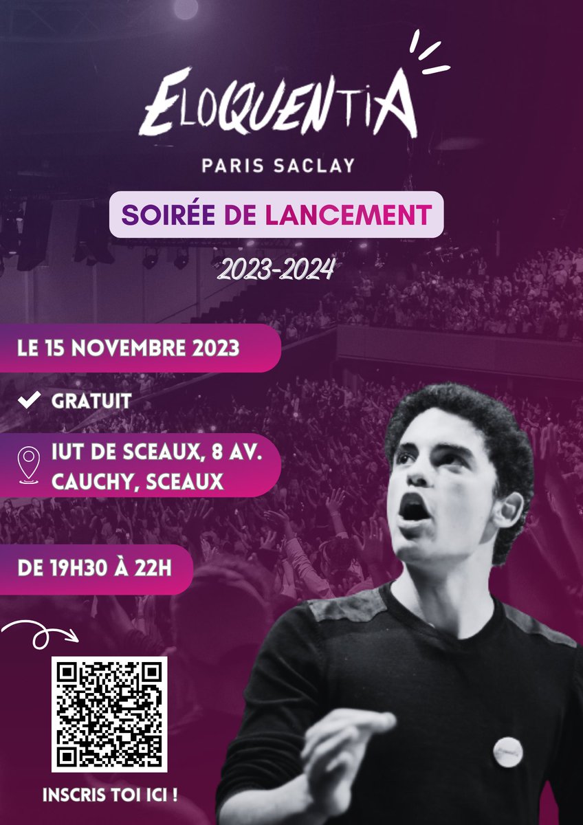 IUTCachan's tweet photo. [SAVE THE DATE] 

➡️ La soirée de lancement d’Eloquentia Paris-Saclay @EloquentiaPSud c’est le 15 novembre à l’@IUT_Sceaux 🎙️

🎫 Gratuit sur inscription ! https://t.co/qw97bM6D9h