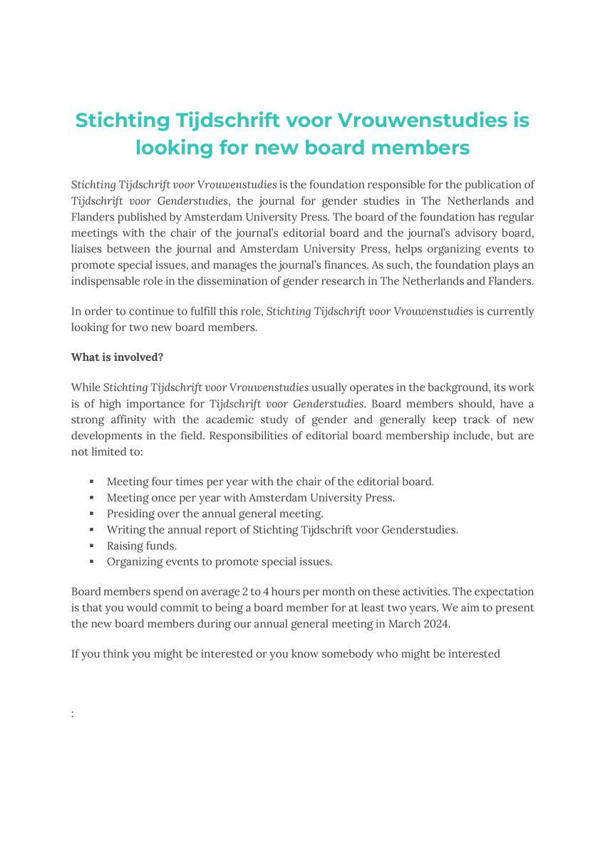 TvGenderstudies's tweet photo. 📢 A final reminder that we are looking for new editorial board members! Please check out all the details below. For any questions don’t hesitate to contact jgmdebruin@gmail.com.   

The deadline is in two days!  
#genderstudies #Acwri #gender #academia https://t.co/Gn4PKxz9ty