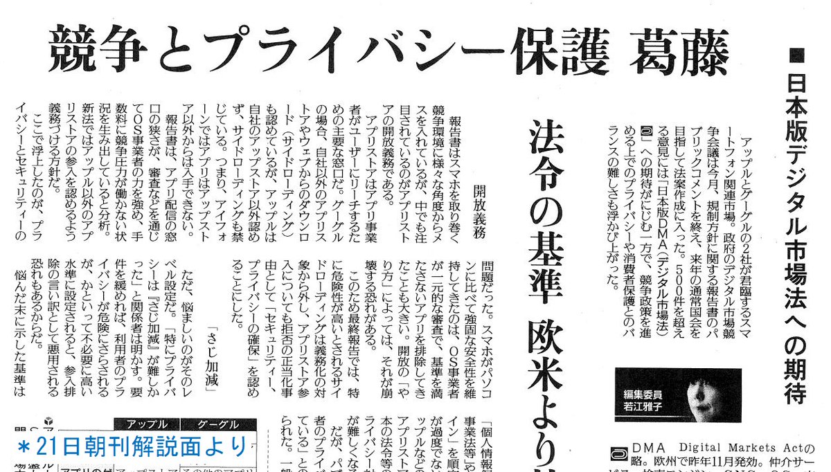 y_seniorwriters's tweet photo. アップルとグーグルの２社が君臨するスマホ関連市場。政府のデジタル市場競争会議は規制方針に関する意見公募を終え、法案作成に入りましたが、公正な競争の環境づくりとプライバシー保護などとの間でバランスをどう取るかは難しい課題です。編集委員の若江雅子が解説します。21日朝刊解説面で。(隆) https://t.co/GZVSDYT7N2