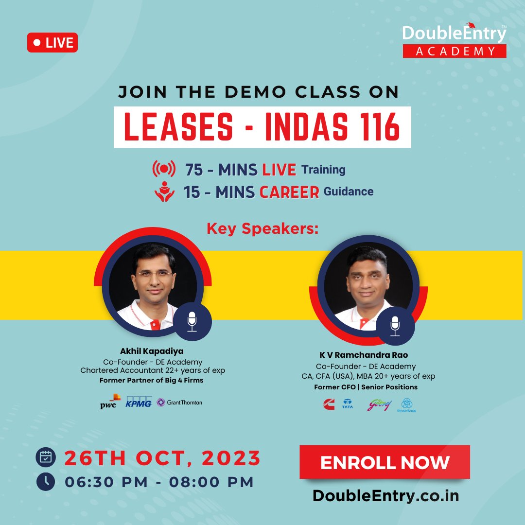 Do you want to gain a deep understanding of #IndAS 116 on 'Leases'? Join our Demo class on IndAS 116 !!
#freetraining #accountingcourse #careercounselling #accountingcourses #upskill #onlinecourse #onlinecourses #certification #certificationcourse #onlinecoaching #CA #bcom #bba