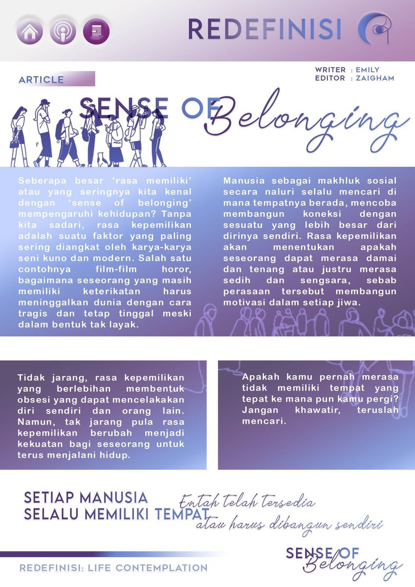 ㅤ      

𝗥𝗘𝗗𝗘𝗙𝗜𝗡𝗜𝗦𝗜  
ARTICLE #4: SENSE OF BELONGING

       ㅤㅤ“𝘚𝘦𝘵𝘪𝘢𝘱 𝘮𝘢𝘯𝘶𝘴𝘪𝘢 𝘮𝘦𝘮𝘪𝘭𝘪𝘬𝘪 𝘵𝘦𝘮𝘱𝘢𝘵,
     ㅤㅤ    𝗯𝗶𝘀𝗮 𝘀𝘂𝗱𝗮𝗵 𝗮𝗱𝗮 𝗮𝘁𝗮𝘂 𝗽𝗲𝗿𝗹𝘂 𝗱𝗶𝗯𝗮𝗻𝗴𝘂𝗻”ㅤㅤㅤ 

      ㅤ