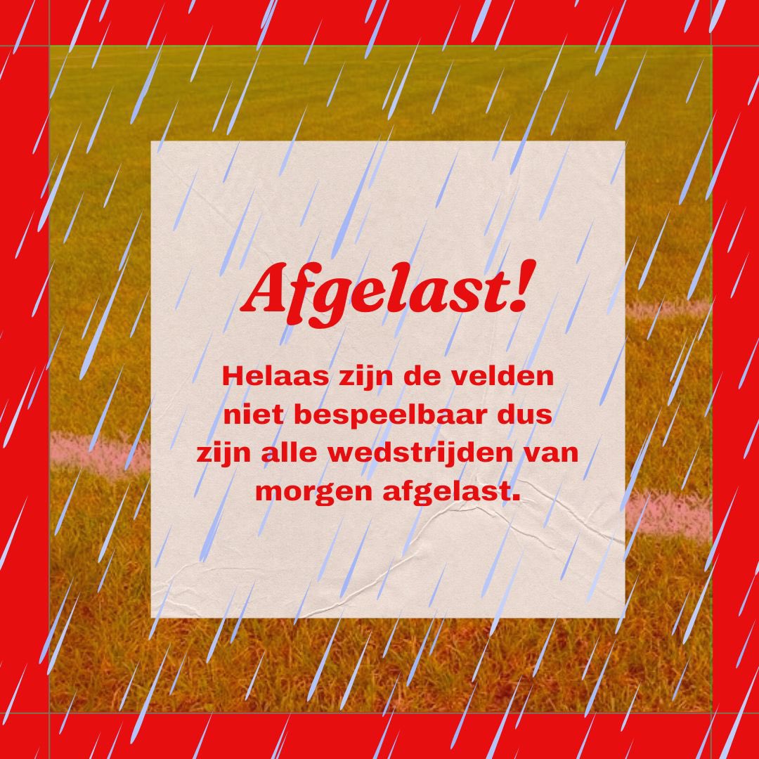 ⚽️ SVN'69 ⚽️ (@svn69nijeveen) on Twitter photo Helaas zit het weer ons niet mee… Door de hoeveelheid regen zijn de velden niet bespeelbaar. Alle wedstrijden van morgen zijn afgelast🥲⚽️ Helaas zit het weer ons niet mee… Door de hoeveelheid regen zijn de velden niet bespeelbaar. Alle wedstrijden van morgen zijn afgelast🥲⚽️