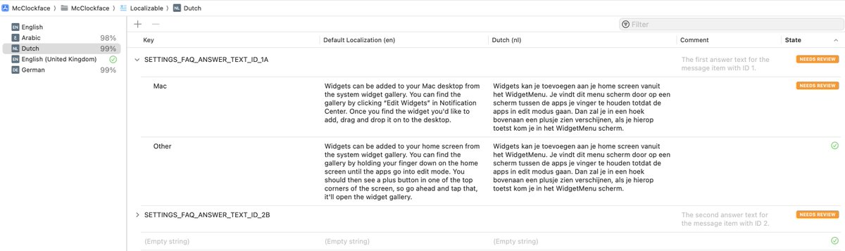 dsteppenbeck's tweet photo. After updating to use the string catalog I have to say it's actually pretty nice.

I like the status markers. Makes it clear exactly which strings need attention after adding new strings or editing strings. Also automatically marks them as "Stale" if there's a key in your catalog that isn't found in code so you can tidy up.

And it's now super easy to vary by platform and pluralize. Made me realize that some of my strings needed more appropriate versions for Mac (tap vs click).