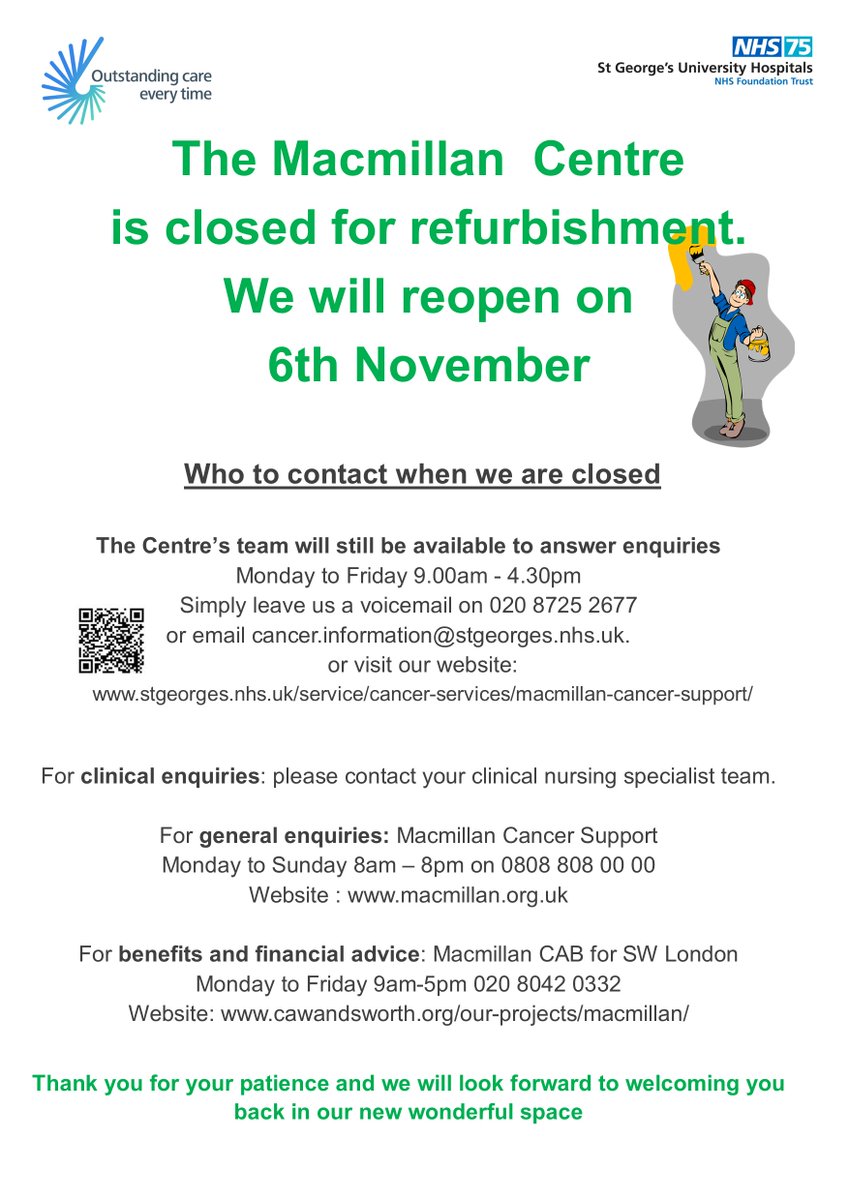 Update on the refurb!! We have experienced some unexpected delays, but not long to go!! Remember you can contact us with voicemail or email 👇or visit us in Queen Mary's hospital in Roehampton on Wednesday & Thursdays