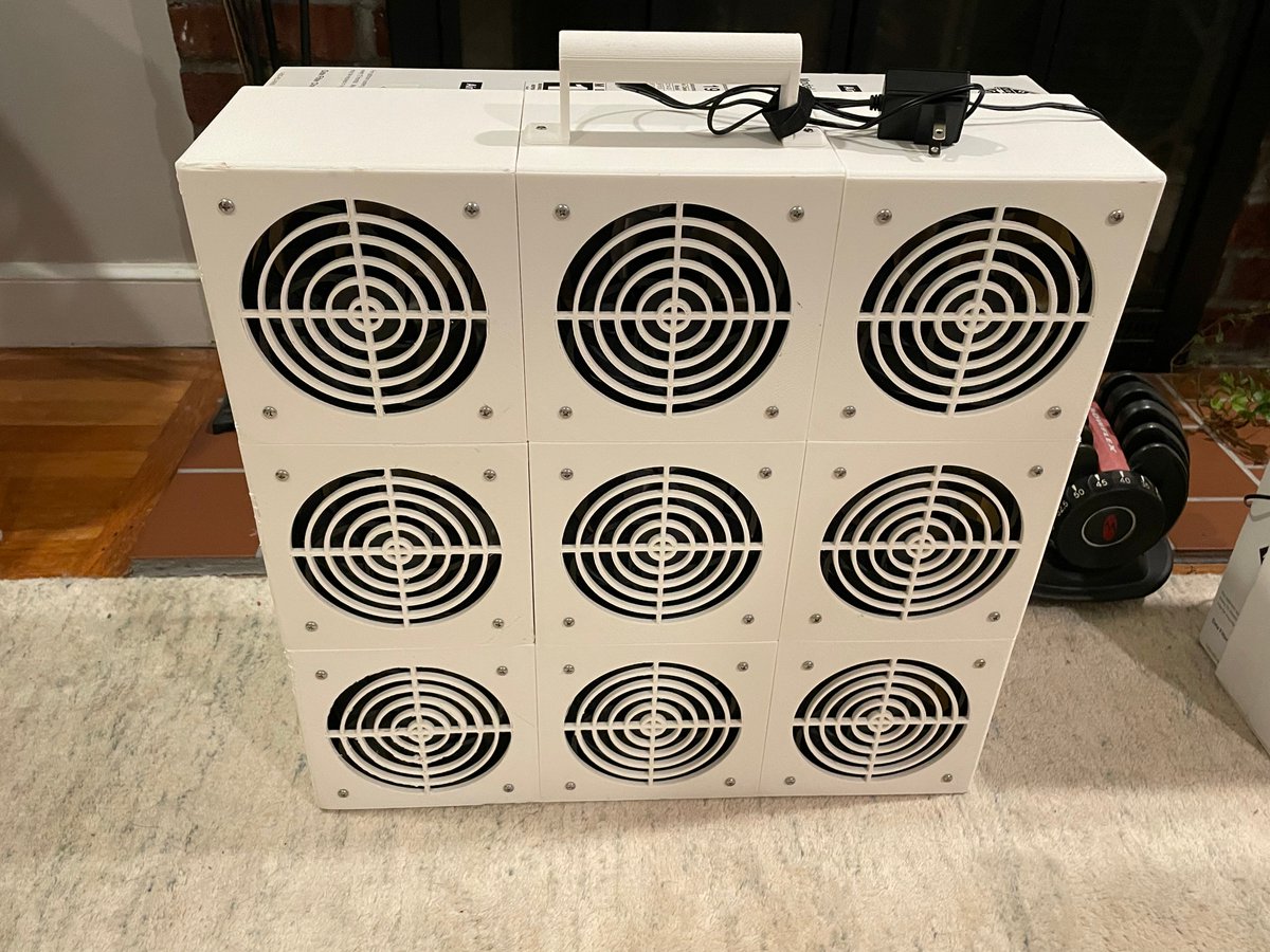 eddericu's tweet photo. 3D printed air cleaner, inspired by @robwiss's experiments. 9 Arctic P14 fans, 1 Lennox MERV-13 19L14 20"x20"x5" filter. I added a handle for easier carrying. Front and back. Estimated CADR by @robwiss from his build was 376 CFM  🧵(1) https://t.co/DS1X8mwpF7 https://t.co/VsozlU5K4P