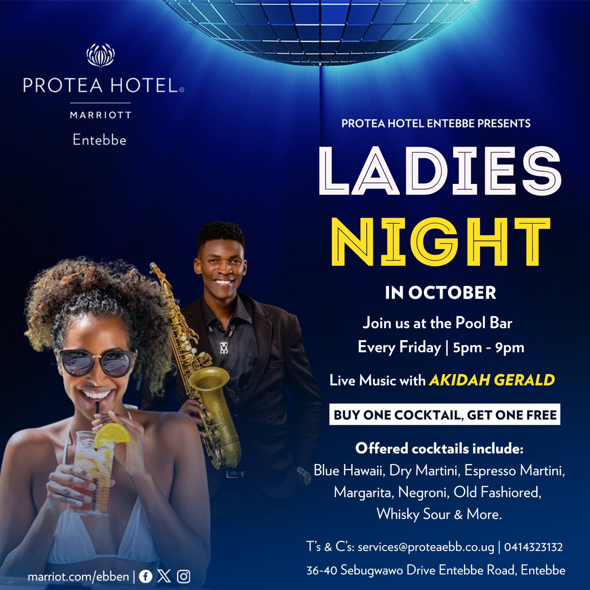 ProteaEntebbe's tweet photo. Join us this evening for a Ladies Night by the pool featuring live music by Akidah Gerald. Enjoy our offer: Buy one cocktail, get one free from 5pm to 9pm!🍹🎶
Plus, enjoy BBQ Dinner of Meat & Fish at Tides Restaurant from 6pm to 10pm.
#ProteaEntebbe #LadiesNight #BBQDinner https://t.co/D0J9CBWZfK
