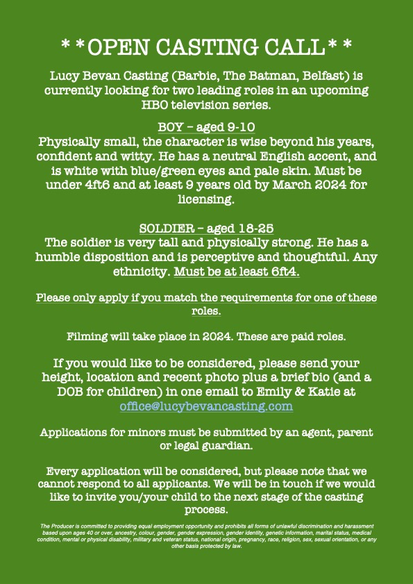 **OPEN CASTING CALL** - we're currently searching for two leading roles in an upcoming HBO series. Details on the flyer below. Please share! Thanks so much. #casting #castingcall #opencall #audition