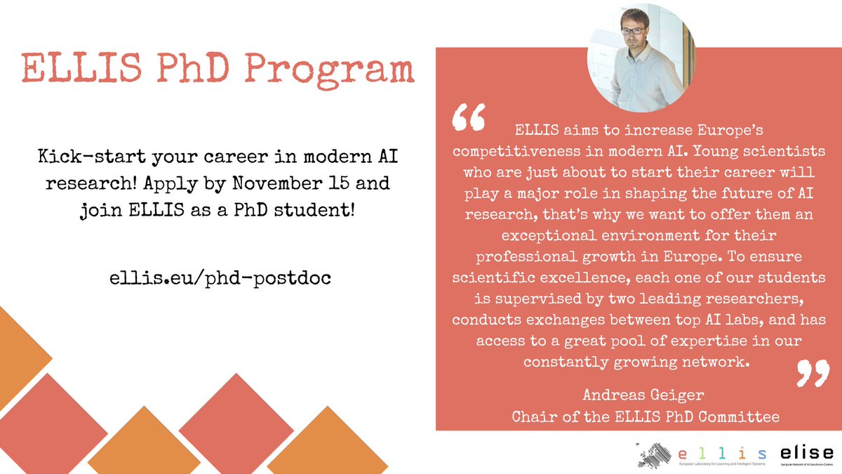 Joint supervision by two #ML researchers and exchanges in our pan-European #AI ​​network: ELLIS offers #PhD students many opportunities for their professional development! Interested? Then apply to our program by November 15! ellis.eu/news/ellis-phd…