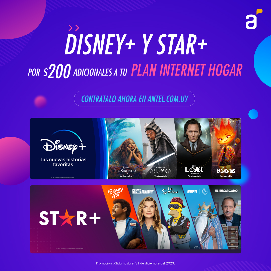 AntelDeTodos's tweet photo. Sumale a tu plan de Internet Hogar la diversión de Disney+ y Star+ por $200. Disfrutá de películas, series, deportes en vivo de ESPN y todo el campeonato uruguayo en Star+ y lo mejor de Disney, Pixar, Marvel,  Star Wars y National Geographic en Disney+. https://t.co/S1A9y9F8cR https://t.co/29EmZY1yYx
