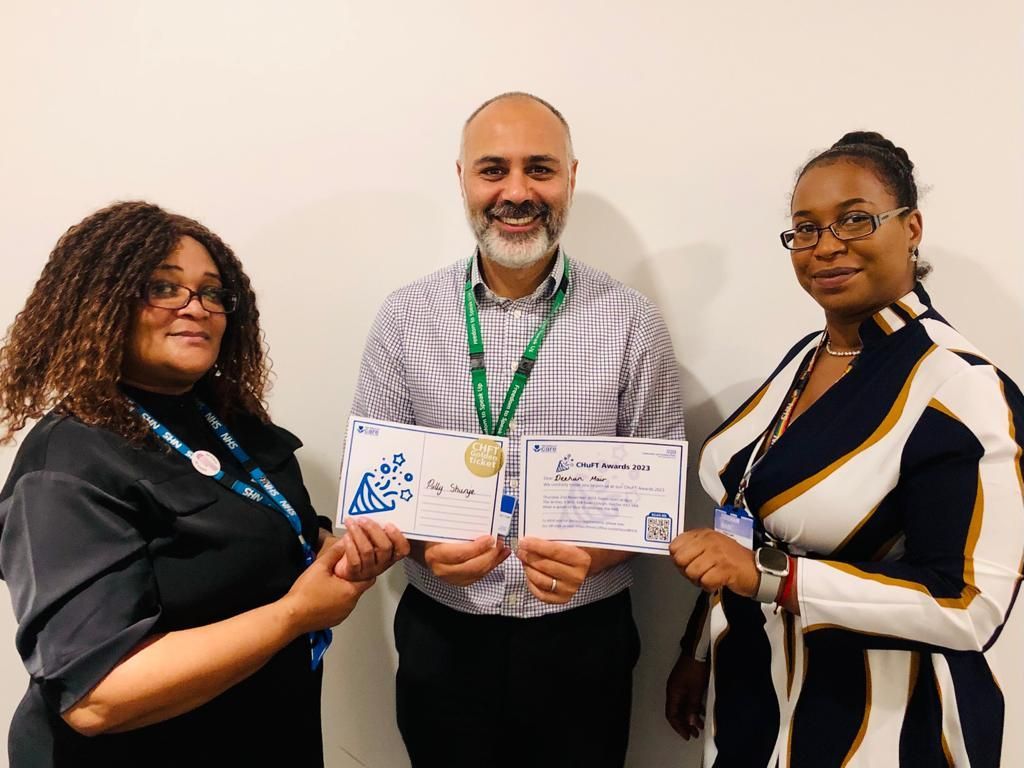CHFTNHS's tweet photo. 🎟️ Who's got a golden ticket? They've got a golden ticket! 🎟️ 

Polly, Neeraj and Deehan will be attending CHFT's ChuFT Awards in less than two weeks to celebrate all the incredible things our staff have been doing. 

Dig out your party pants guys 🥳 🕺 https://t.co/WfaCjKn7PQ