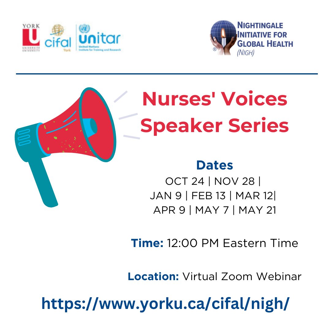 .@CifalYork partnering with Nightingale Initiative for Global Health (NIGH), is hosting a monthly #Nurses’ Voices Speaker Series! Don’t miss the 24 Oct 12h EDT webinar, ICN President @PamCiprianoRN will be speaking on Nurses' Voices: Grassroots to Global! bit.ly/46AI9Wz