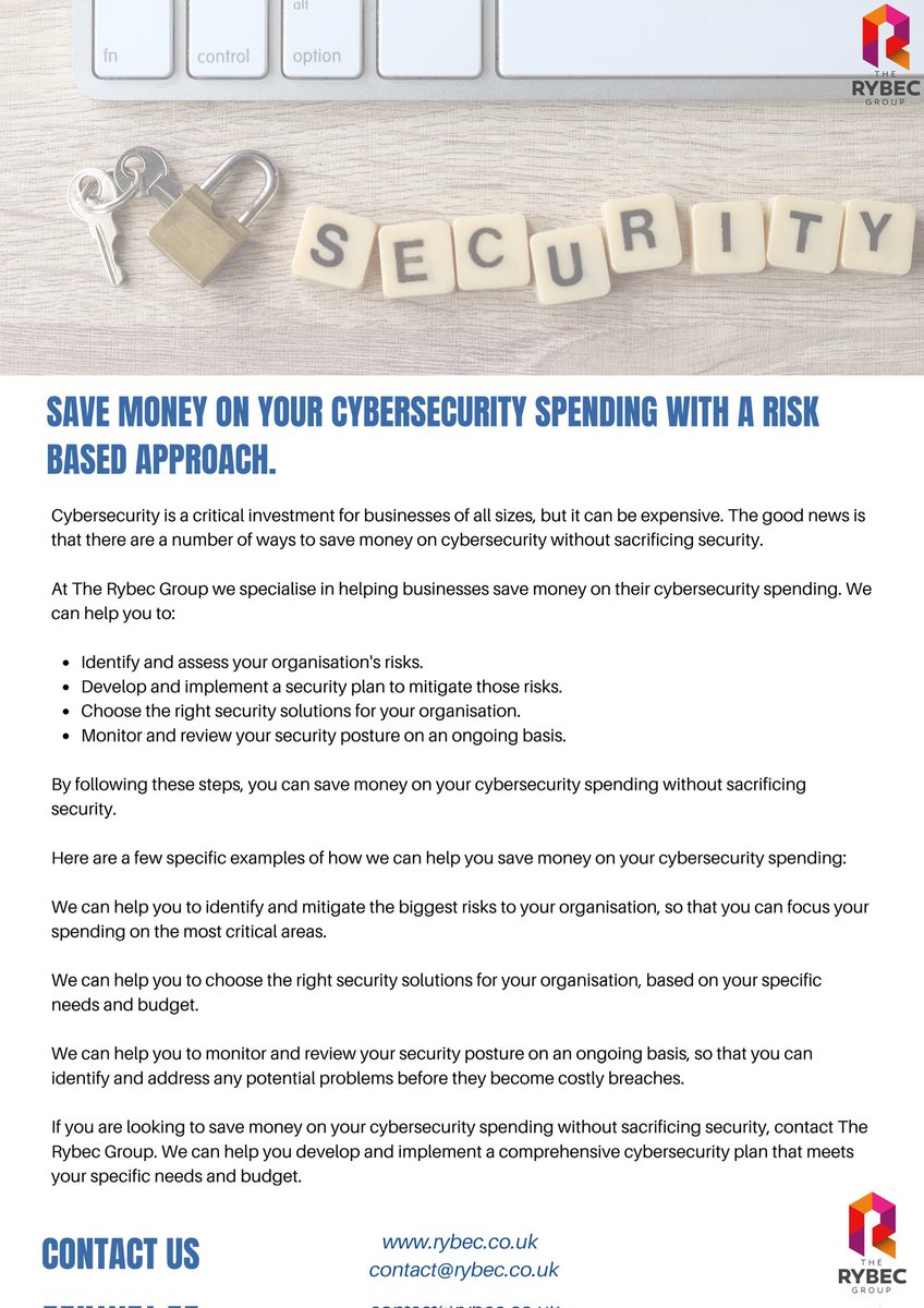 Save money on your cybersecurity spend without sacrificing security!
 
contact@rybec.co.uk
 
#therybecgroup #cybersecurity #cybersecurityconsultancy #savemoney #cybersecuritytips