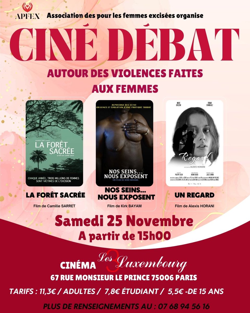 APFEX2021's tweet photo. 📣L’association APFEX organise un ciné débat !

Vous pourrez visionner 3 films qui sont : La forêt sacrée un film de Camille SARRET, Nos seins… nous exposent film de @KirkBayama  et un regard film de @AlexisHorani cela sera suivis d’un débat sur des violences faites aux femmes https://t.co/ayQiHDv4mZ