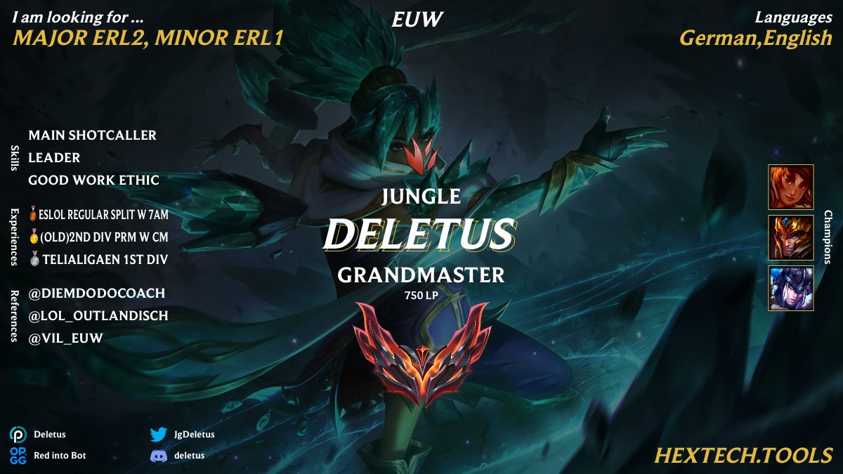 JgDeletus's tweet photo. Although Iam still playing NLC Cup with @LazyInLifeLOL  (currently Top4)
Iam LFT for 2024
Vods upon request.
References:
@DIEMdodoCoach 
@LoL_Outlandisch 
@Vil_euw 

Links in comments: https://t.co/twm50p0Wc8