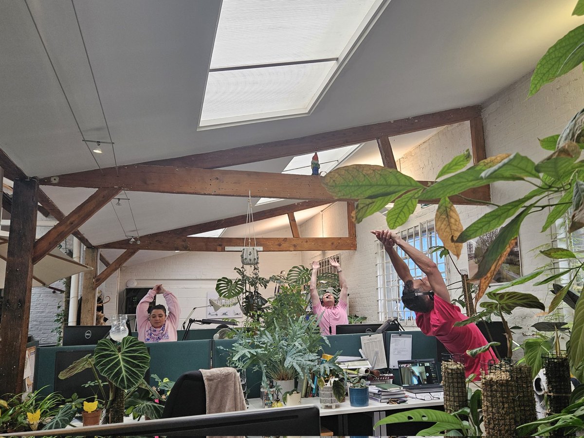 AllenPyke's tweet photo. Our Friday Desk Yoga session was particularly pink today!
 #WearItPink https://t.co/Agy17rWDiD