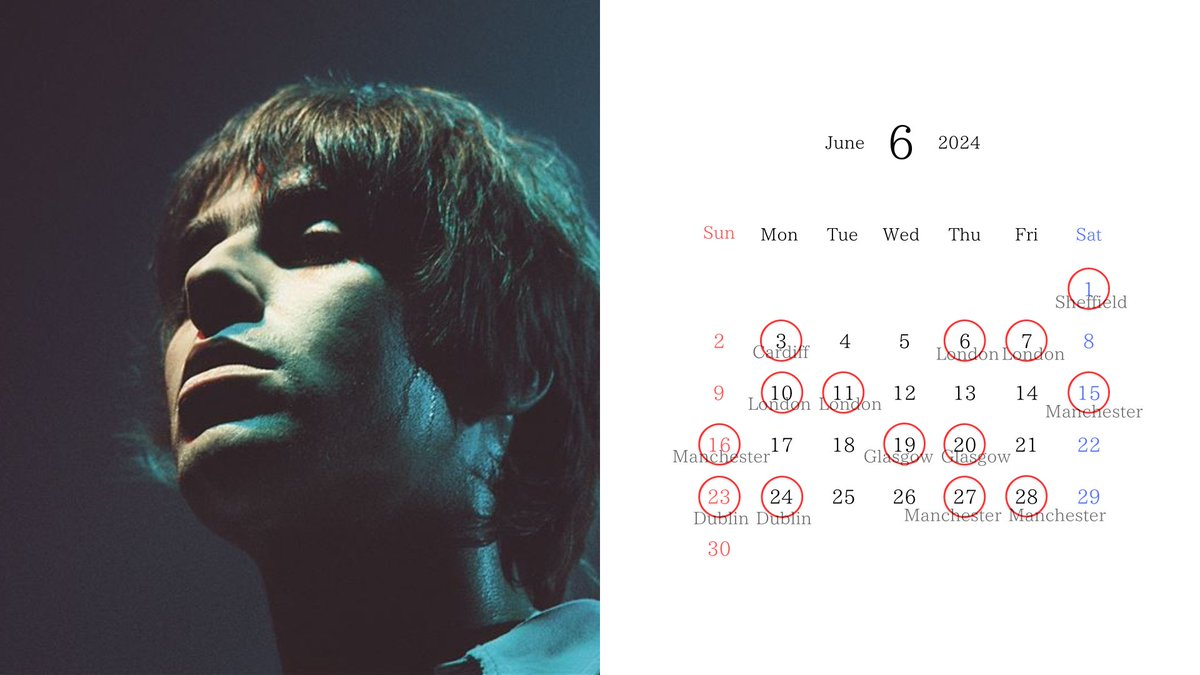 とりあえず今出てる情報を追加公演含めてすべてカレンダーにしてみたけど、激務過ぎないか？
ちょっと心配だ...

#LiamGallagher #DefinitelyMaybe #LGDM