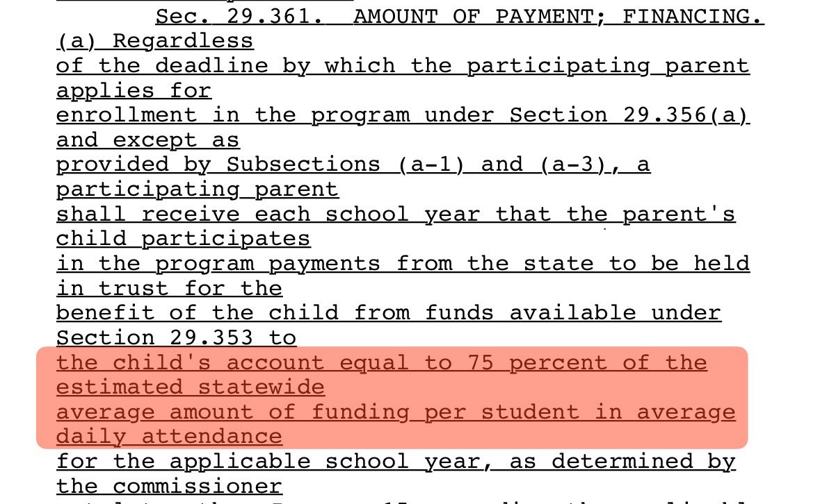 cjtackett's tweet photo. What are Texas House Republicans proposing the voucher $ are in HB1?
75% percent of whatever the total average funding is for a public school student

That isn’t the basic allotment * 75%. It’s basic plus all various adders across the state (~$11,144) * 75%

~$8,358
#txlege #txed https://t.co/v4DvjGyfBU