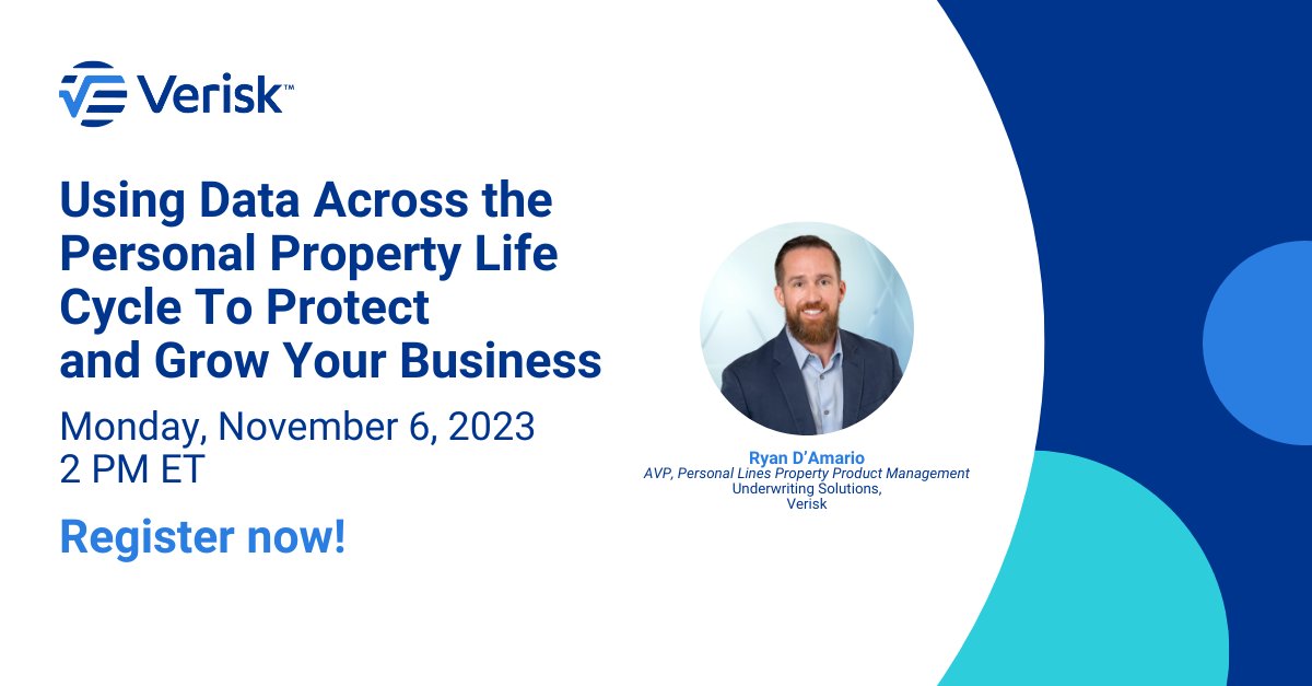 Verisk's tweet image. Register for Verisk's upcoming #webinar with Ryan D'Amario to learn how to leverage #data across the #personalproperty life cycle: vrsk.co/3S4sp9I.