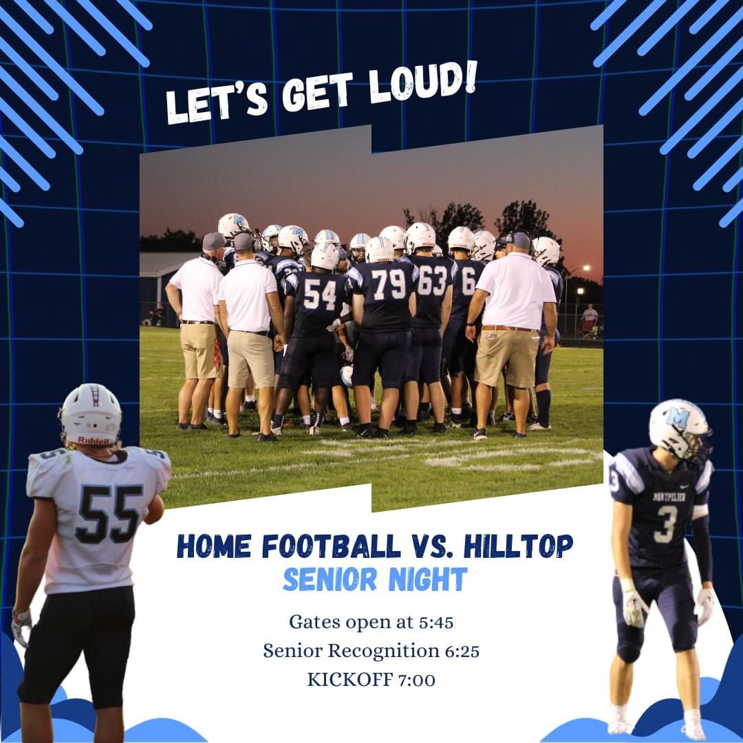 Mont_AthBooster's tweet photo. LAST HOME FRIDAY NIGHT LIGHTS!

Tonight is BIG. Let's get LOUD!

Montpelier vs. Hilltop 7:00
Senior Recognition 6:25

 #LetsGoBlue #MontpelierStrong #LOCOPride #athleticboosters #communityengagement #studentathletes #CommunitySupport https://t.co/M5n3ds02By